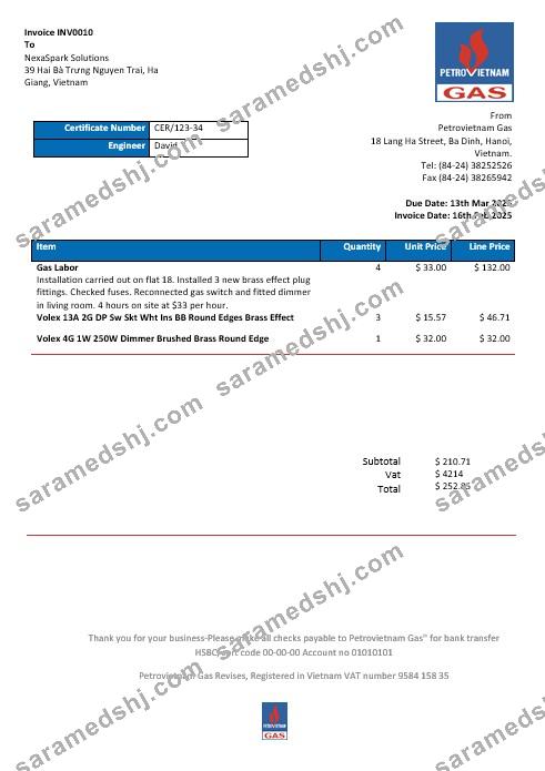 Vietnam Petrovietnam Gas business utility bill template in Word and PDF formats